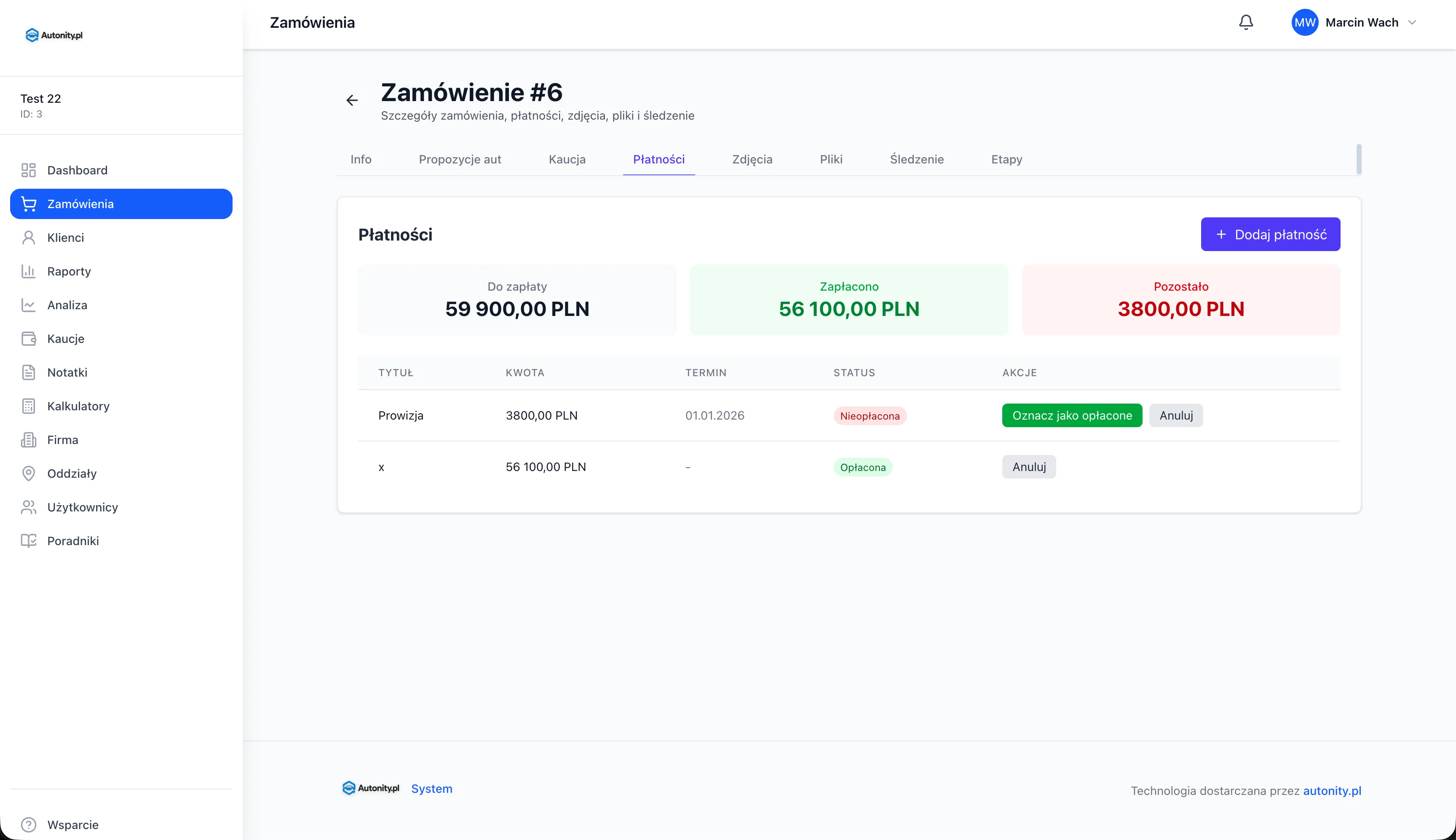 Autonity - Panel zarządzania płatnościami