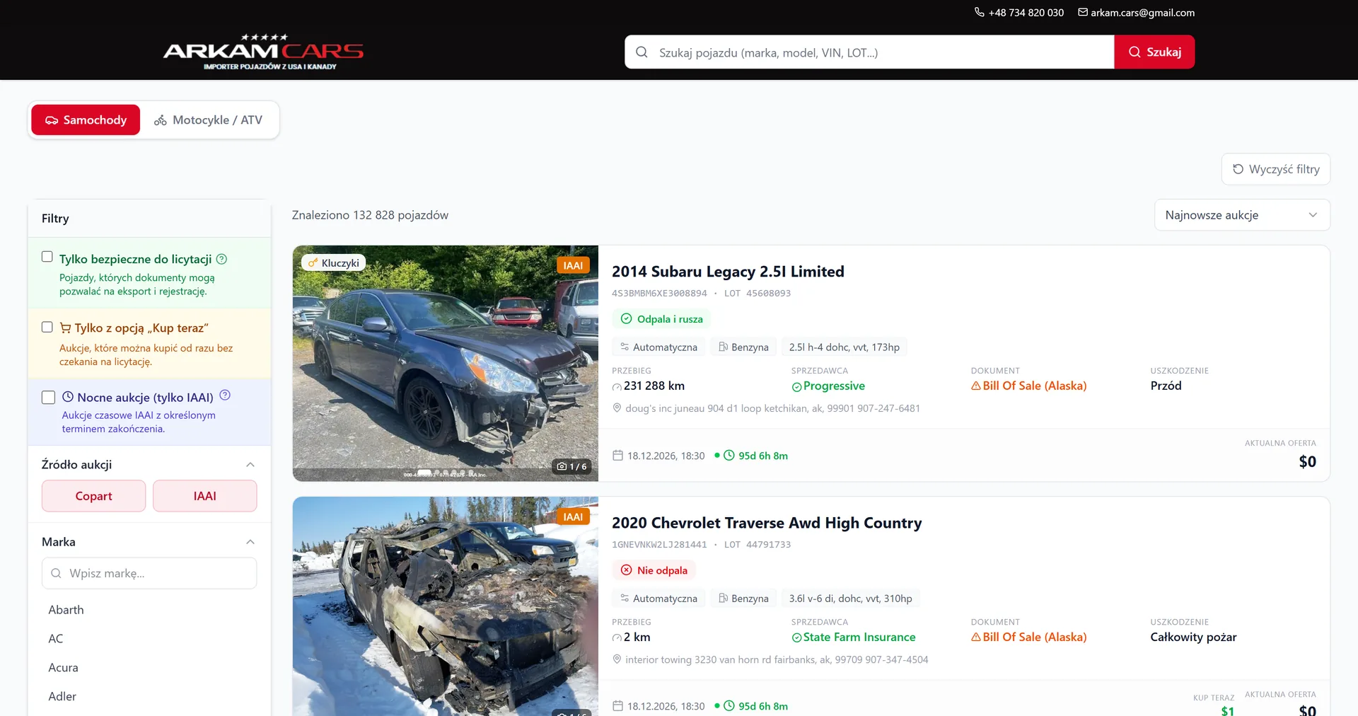 Katalog aukcji Copart i IAAI wdrożony dla ARKAM CARS