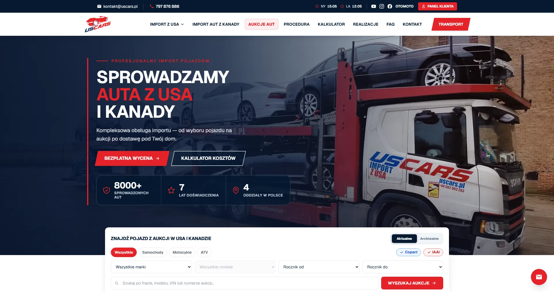USCars — serwis sprzedażowy firmy importującej pojazdy z USA i Kanady, z wyszukiwarką aukcji